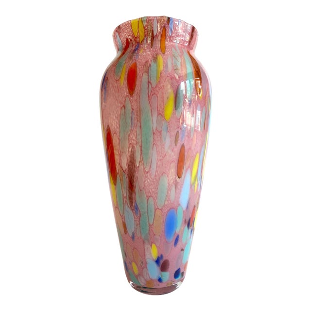 Vintage 1980's Post Modern Abstract Hand Blown Studio Art Glass Multicolor Tall Flower Vase For Sale