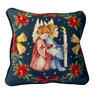 Vintage Needlepoint Holiday Pillow With Custom Insert For Sale