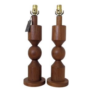 Mid-Century Modern Stacked Teak Wood Lamps – Sculptural Pair, 1970s