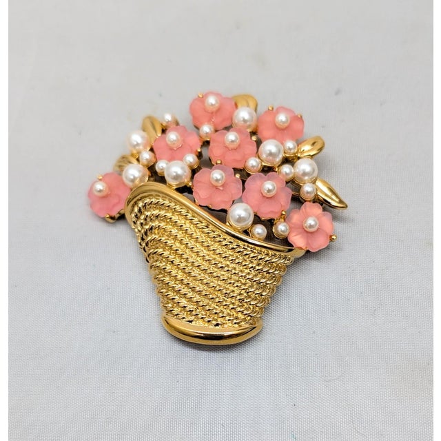 Metal Vintage 1980s Signed Napier Pink Rhinestone Flowers & Faux-Pearls in a Basket Brooch For Sale - Image 7 of 9