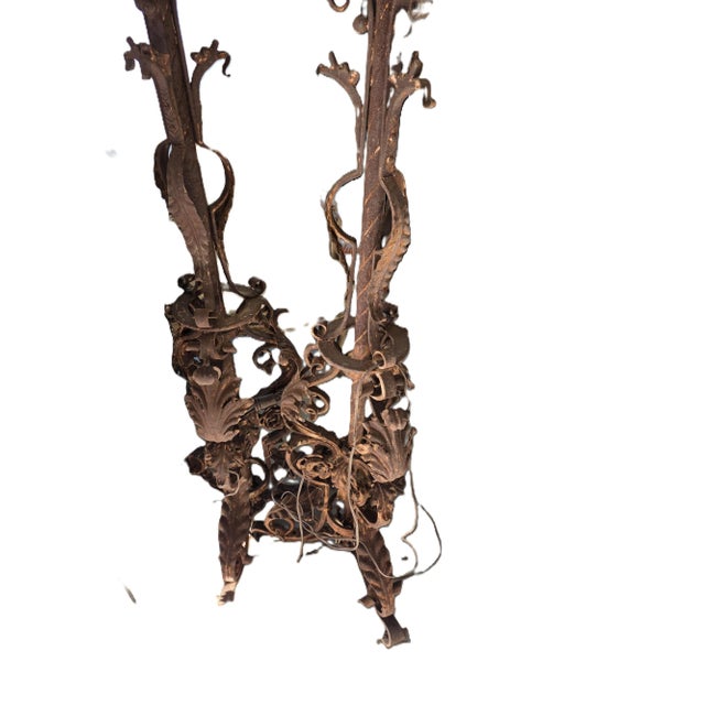 Boho Chic Antique Partialy Painted Iron Torcheres For Sale - Image 3 of 4