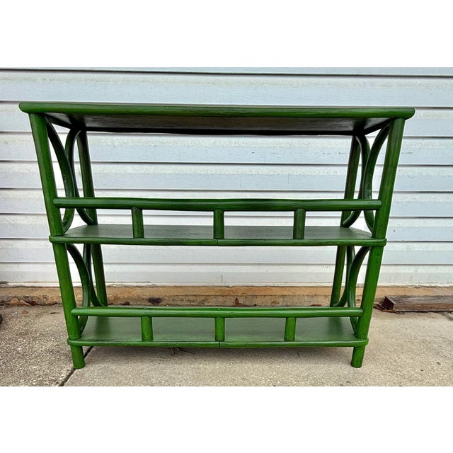 Mid-Century Green Rattan Etagere Bookcase Console - Newly Painted For Sale - Image 10 of 10