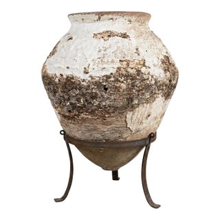 1930s Greek Terracotta Olive Oil Jar on Custom Wrought Iron Stand For Sale