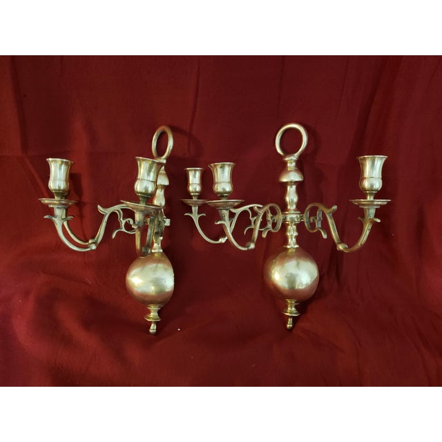 Early 20th Century Brass Wall Sconce Candelabras With 3 Holders a