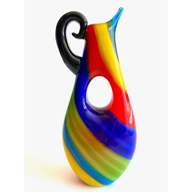 Vintage 1980's Postmodern Italian Murano Art Glass Fused Multicolor Stripe Sculptural Pitcher Vase For Sale - Image 11 of 13
