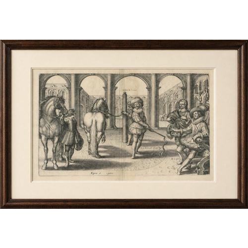 Antique royal equestrian engraving, le maneige royal, france, 1666 : original antique engraving titled “figure 5. 1...