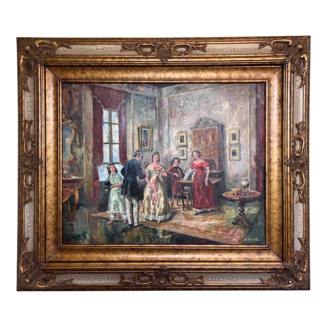 M. Vidiella (Europe 20th Century) Oil Painting on Canvas, Genre Scene, Framed For Sale