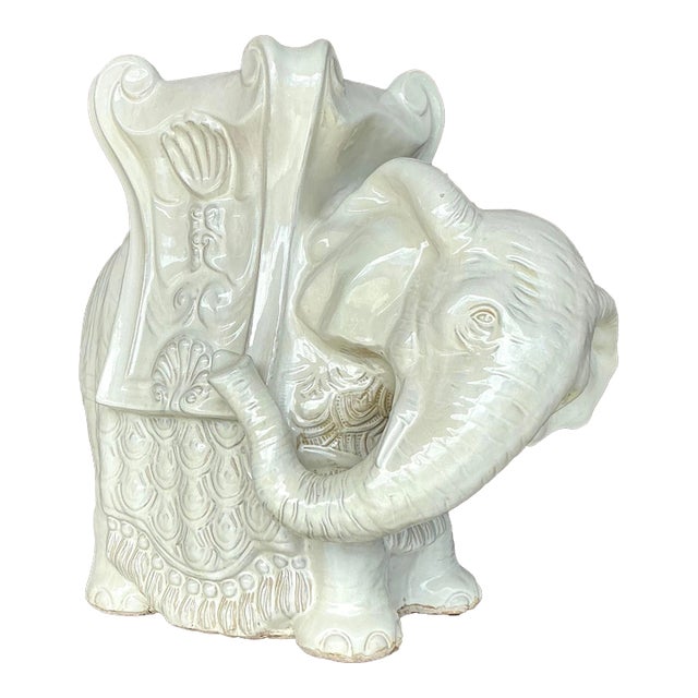 Vintage Boho Glazed Ceramic Elephant Low Stool For Sale