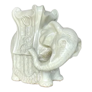 Vintage Boho Glazed Ceramic Elephant Low Stool