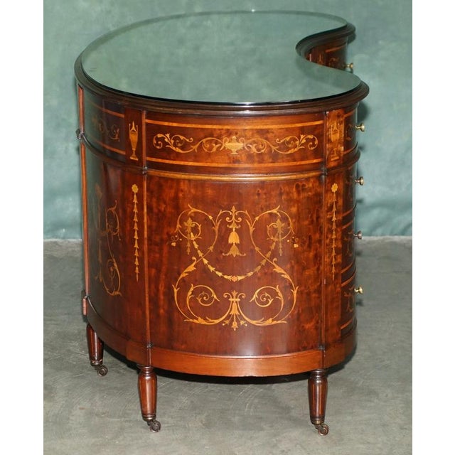 Victorian Marquetry Inlaid Hardwood Kidney Library Desk For Sale - Image 16 of 18