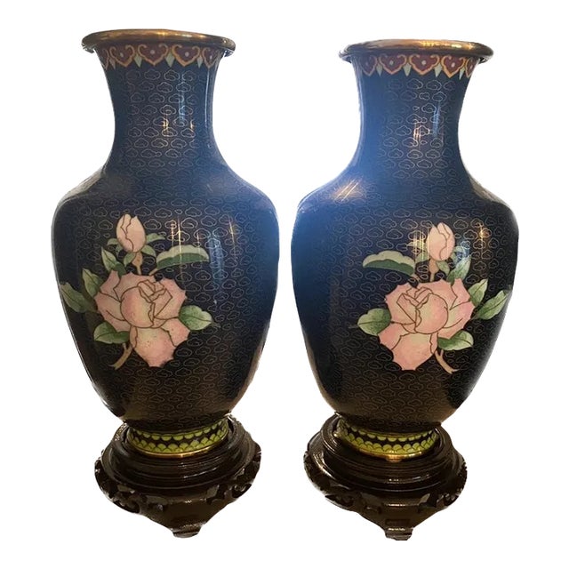 Pair of Late 20th Century Black Cloisonné Vases With Pink Roses For Sale