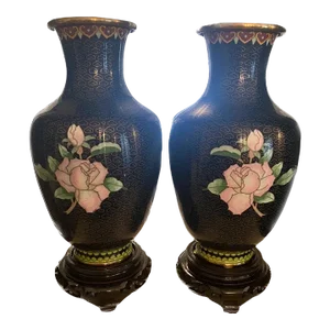 Pair of Late 20th Century Black Cloisonné Vases With Pink Roses