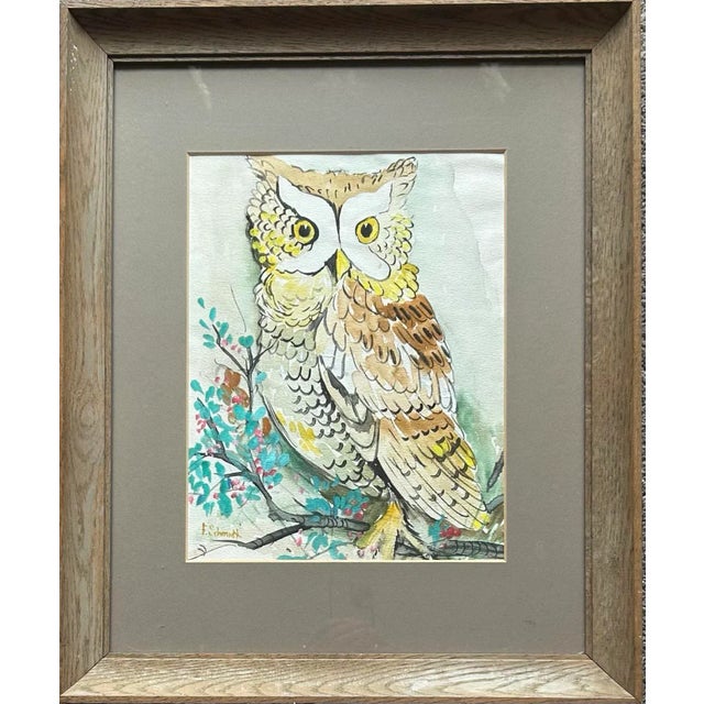 Impressionist Vintage 1970’s Original Large Watercolor of Owl in Wood Frame For Sale - Image 3 of 7