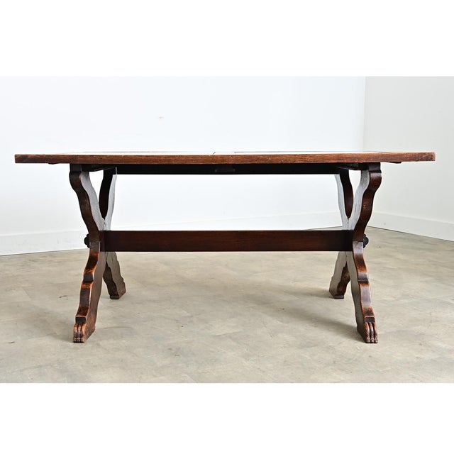 Italian 19th Century Inset Marble-Top Oak Trestle Table For Sale - Image 4 of 14