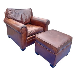 Vintage Restoration Hardware Style Leather Chair and Ottoman Set For Sale