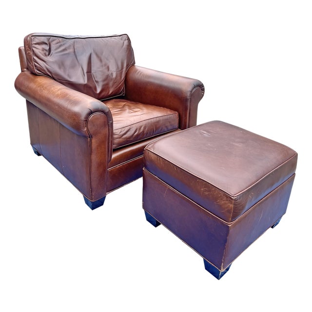 Vintage Restoration Hardware Style Leather Chair and Ottoman Set For Sale