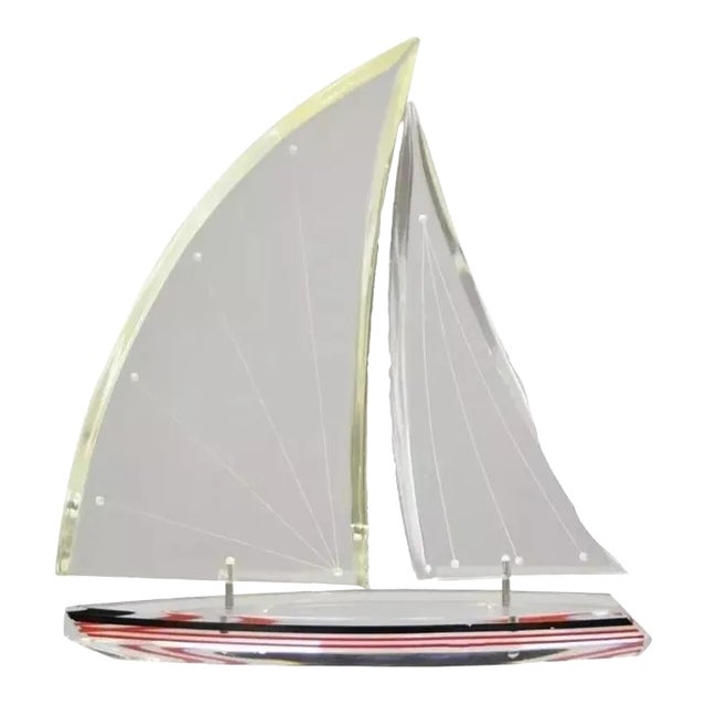 Vintage "J. Fenri Mid Century Modern Style Lucite Sculpture of Sailboat For Sale