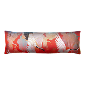 1980s Red Silk Bolster Pillow With Flying Cranes
