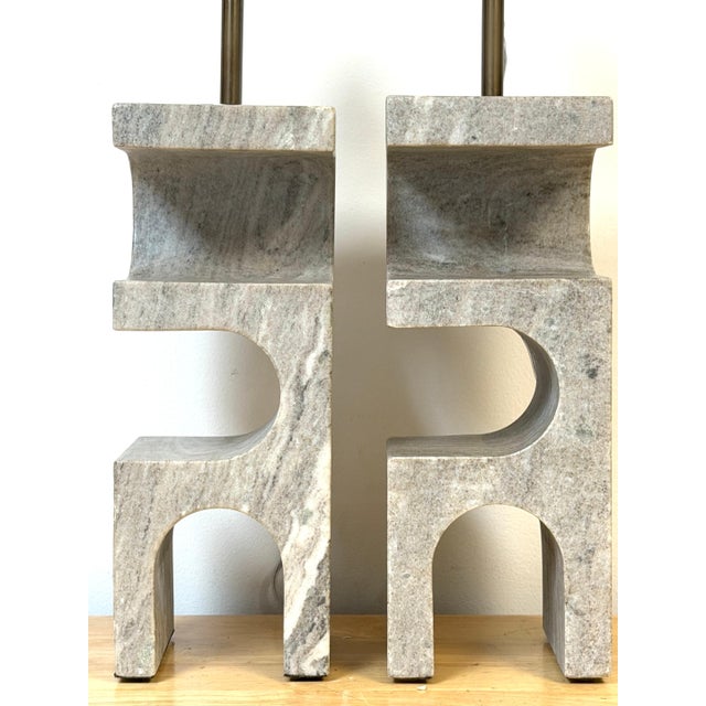 1980s Italian Sculptural Gray Marble Architectural Table Lamps - a Pair For Sale - Image 10 of 16