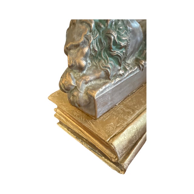 1950s Heavy Cast Metal Lion Reclining on Books Sculpture With Verdigris Patina For Sale - Image 4 of 10
