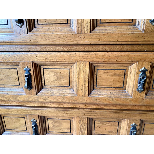 Mediterranean Must Sell! 1968 Dixie Solid Pecan 2-Piece Mediterranean-Style 9-Drawer Dresser With Large Attached Mirror For Sale - Image 3 of 8