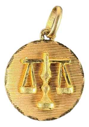 Vintage French Libra Star Sign Zodiac 18k Yellow Gold Charm Medal Pendant, 1960s