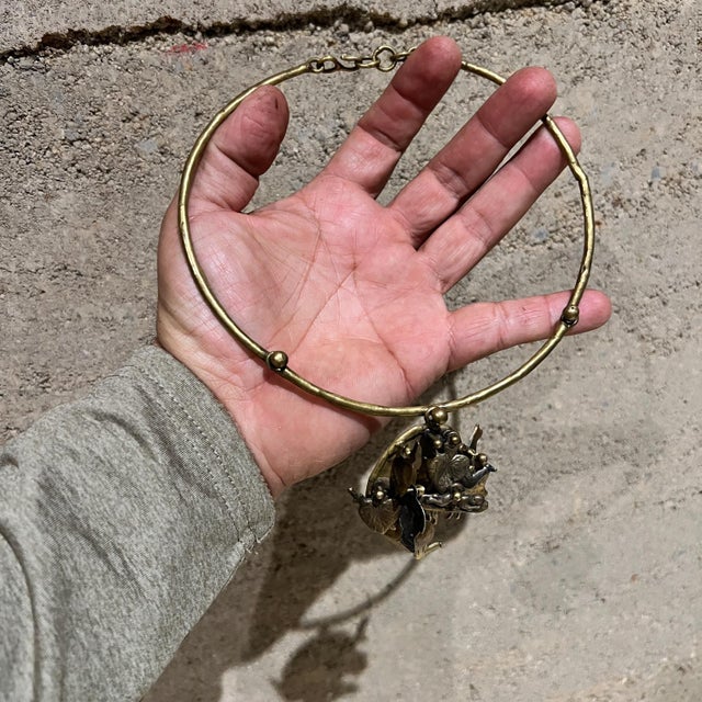 1970s Pal Kepenyes Brutalist Brass Necklace Milagros Series For Sale - Image 10 of 11