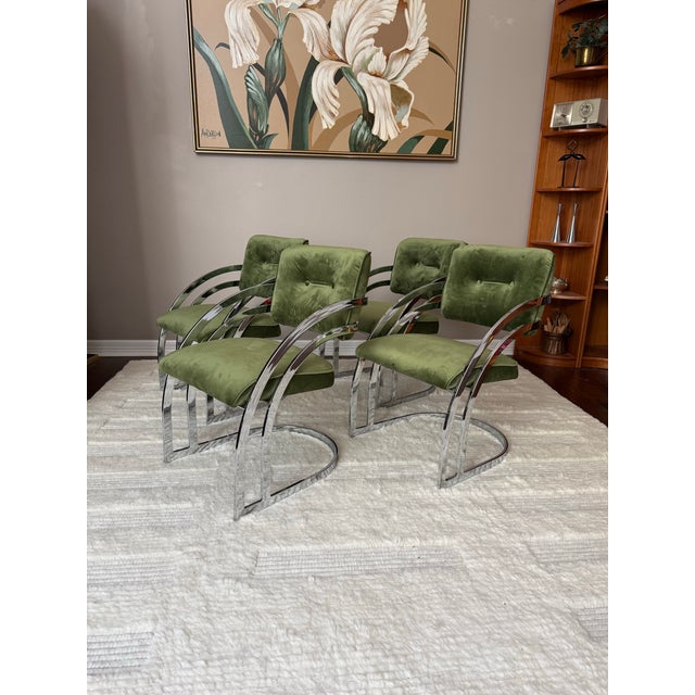 Milo Baughman Vintage 1970s Chrome Cantilever Velvet Dining Chairs After Milo Baughman For Sale - Image 4 of 12