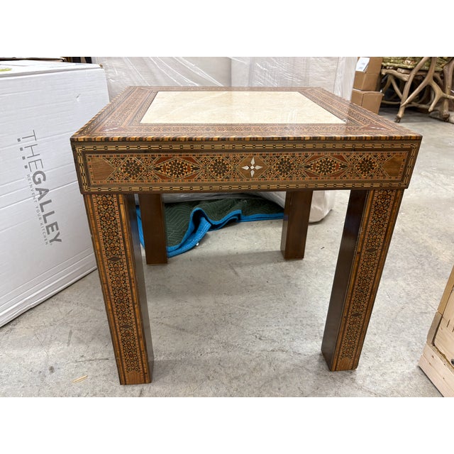 Wood 1980s Vintage Moroccan Accent Table With Travertine Marble Insert For Sale - Image 7 of 14