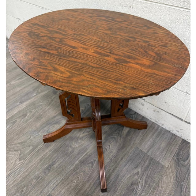 Victorian Antique Victorian Eastlake Quarter Sawn Tiger Oak Parlor Table For Sale - Image 3 of 13