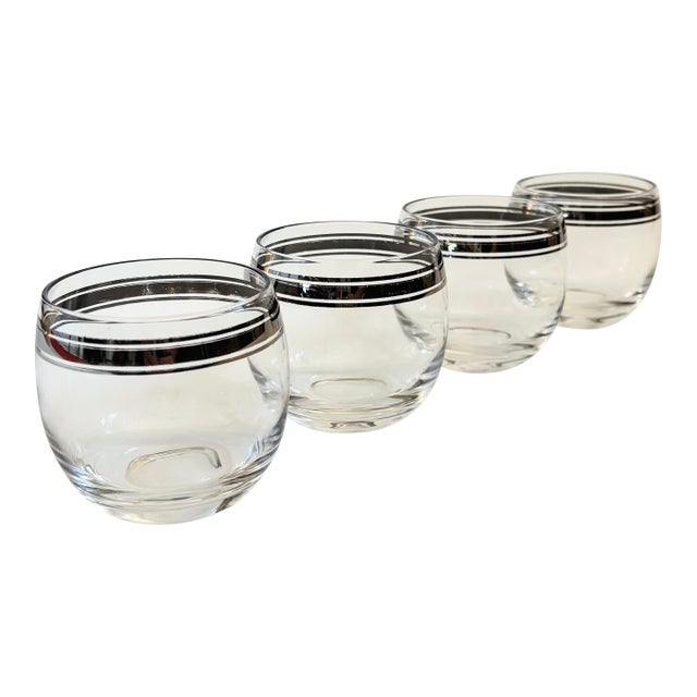 Mid Century Silver Striped Roly Poly Cocktail Glasses - Set of 4 For Sale