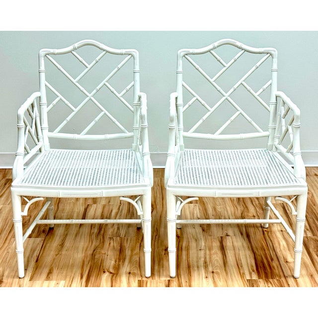 Mid 20th Century Vintage White Faux Bamboo Chinese Chippendale Arm Chairs, a Pair For Sale - Image 5 of 10