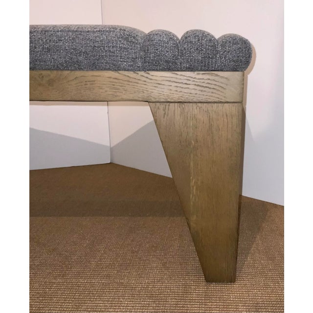 Stylish Organic Modern Gray Channeled Bench, woven performance fabric, warm wood base, showroom floor sample