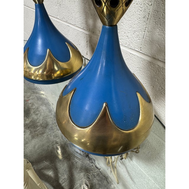 Westwood Lamps 1960s Tony Paul Style Westwood Industries Brass and Blue Enamel Lamps - A Pair For Sale - Image 4 of 12