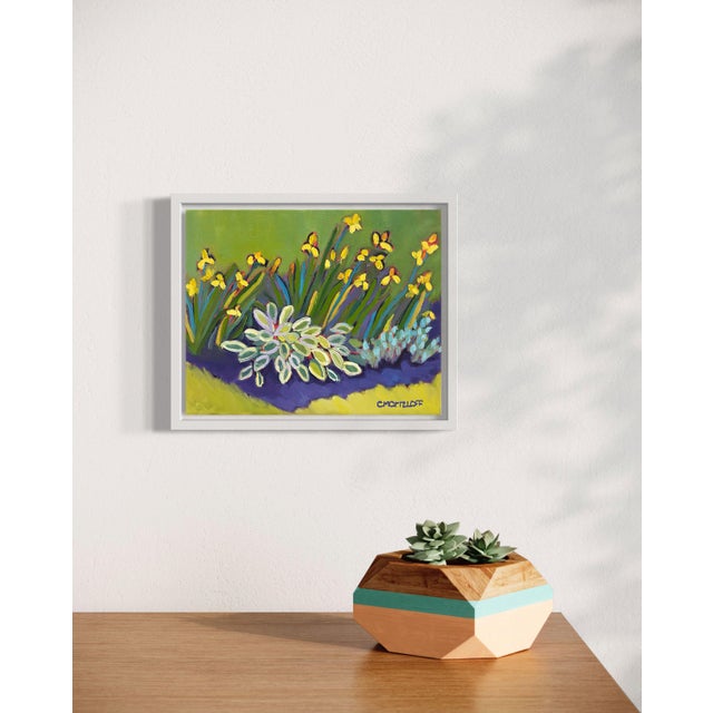 Painted outdoors in my garden, this piece captures a fleeting moment in early bloom, when the yellow iris begin to rise...