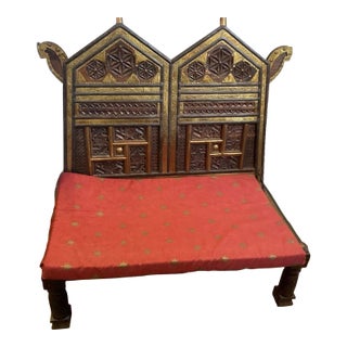 Antique Indian Hand Carved Bronze-Inlaid Wooden Low Pidda Chair For Sale