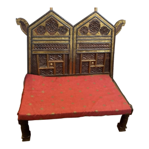 Antique Indian Hand Carved Bronze-Inlaid Wooden Low Pidda Chair
