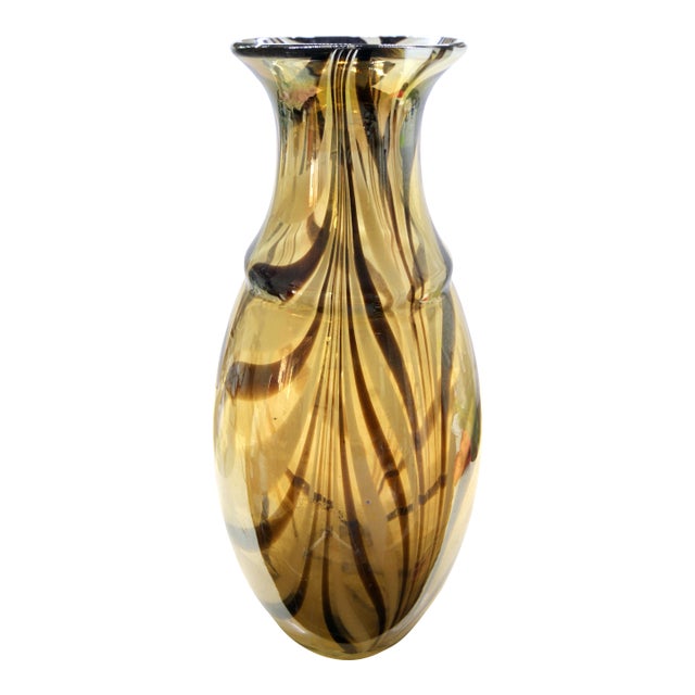 1960s Maestro Carlo Moretti-Style Murano Amber & Espresso Swirl Vase Cased Glass - 14" For Sale