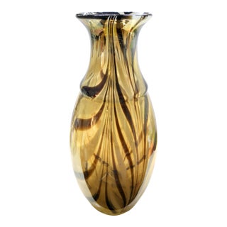 1960s Mid-Century Maestro Carlo Moretti Murano Amber & Espresso Swirl Vase Art Glass - 14" For Sale