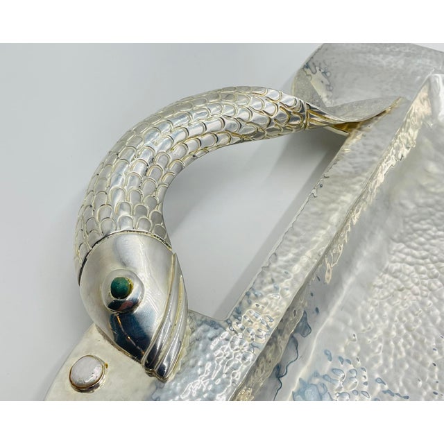 1980s Emilia Castillo Silver-Plated Serving Tray With Fish Handles & Abalone Inlay For Sale - Image 15 of 18
