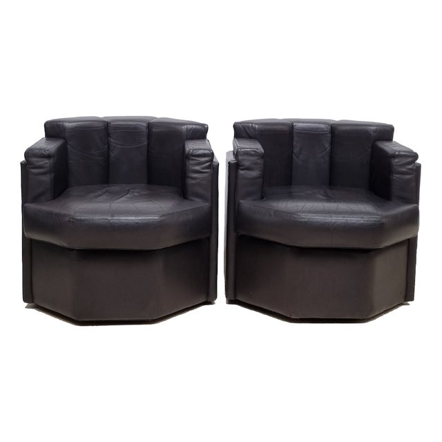 Set of Octagonal Club Chairs in Brown Leather, 1970s For Sale