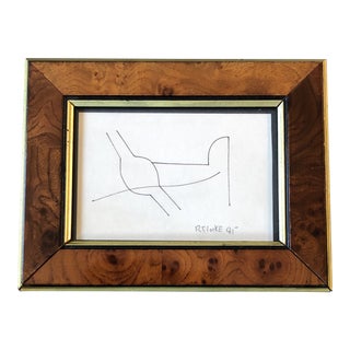 Original Vintage Miniature Robert Cooke Abstract Ink Drawing Burled Wood Frame For Sale