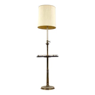 Vintage Brass Base Floor Lamp With Wood Tray Table For Sale