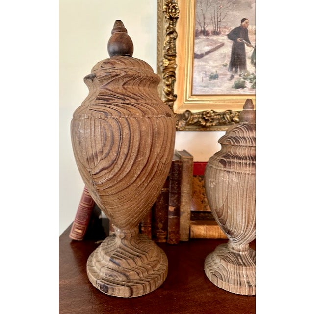 Transitional Pair of Uttermost Solid Carved Wood Finials For Sale - Image 3 of 11