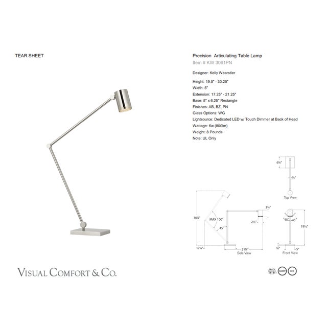 Kelly Wearstler by Visual Comfort Signature Precision Articulating Table Lamp in Polished Nickel with White Glass...