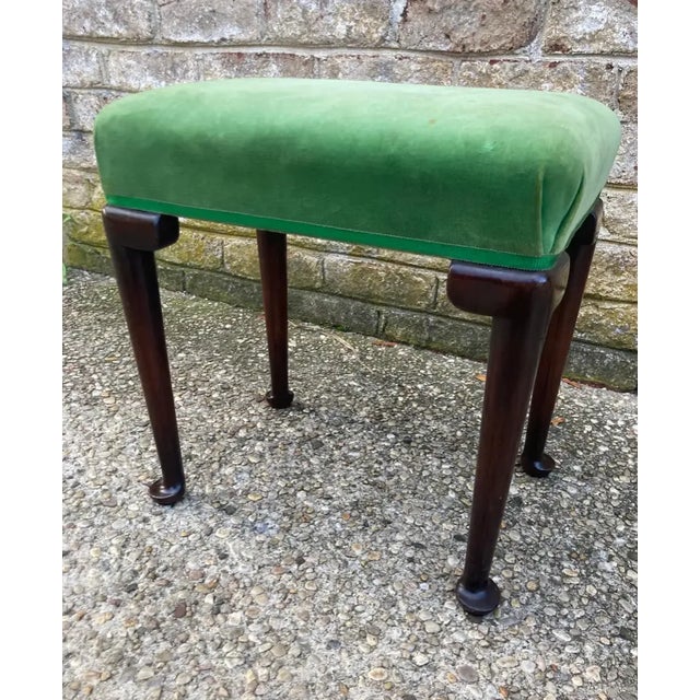 Lovely Queen Anne style upholstered stool in original green velvet and trim.