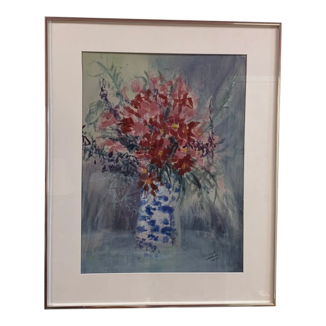 1972 Watercolor Floral Still Life Painting For Sale
