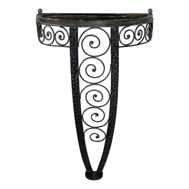 Art Deco Demilune Wrought Iron Spiral Motif & Porto Marble Inset Console Table For Sale