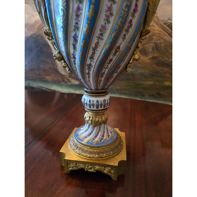 Metal Antique Signed Sevres Pr Urns Raised Gold Roses For Sale - Image 7 of 14