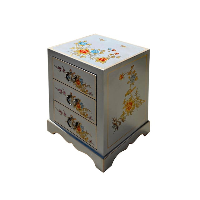 Chinese Mid Gray Vinyl Flower Birds 3 Drawers End Table Nightstand For Sale - Image 4 of 7